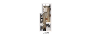 A top down view of a small apartment with a bed, desk, and toilet.