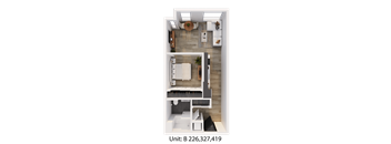 A 3D rendered image of a modern apartment layout.