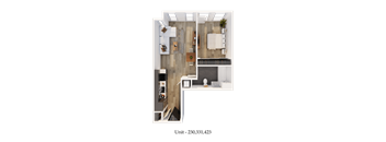A floor plan of a unit with a living room, kitchen, and two bedrooms.