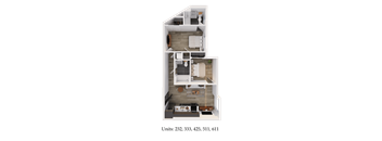 A diagram of a two-story apartment with a living room, kitchen, and bedrooms.
