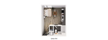 A top-down view of a small, neatly organized bathroom with a toilet, sink, and a hanging towel.