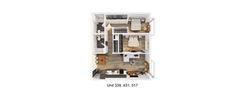 A 3D floor plan of a residential unit with labeled room numbers.