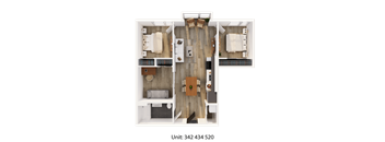 A top-down view of a small apartment layout with a kitchen, living room, and bathroom.