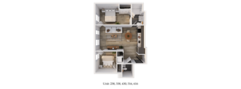 A floor plan of a two-bedroom apartment with a living room, kitchen, and bathroom.