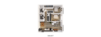 A 3D floor plan of apartment 617 shows a living room, kitchen, and two bedrooms.