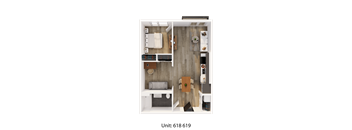 A top-down view of a small apartment layout with a kitchen, living room, and bathroom.