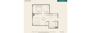 A drawing of a balcony with a living room, kitchen, and bathroom.
