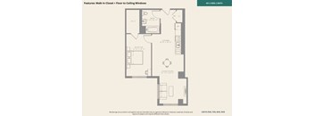 A floor plan of an apartment with a living room, bedroom, and bathroom.