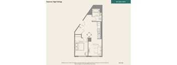 A drawing of a house layout with a living room, bedroom, and bathroom.