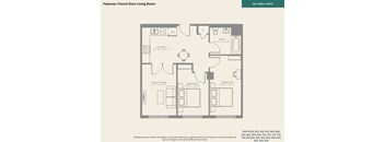 A floor plan of a living room with a kitchen and two bedrooms.