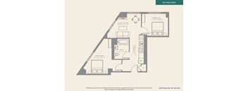 A floor plan of an apartment with two bedrooms, a living room, a bathroom, and a kitchen.