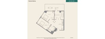 A floor plan of a unit with a balcony, living room, dining room, and kitchen.