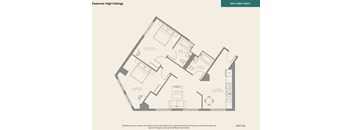 A drawing of a house floor plan with a living room, two bedrooms, a bathroom, and a kitchen.