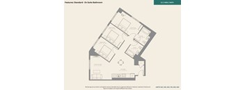 A floor plan of a standard en suite bathroom with a bedroom and living room.