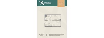 A floor plan for a one bedroom, one bath apartment at The Arabella.