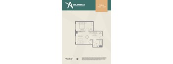 A floor plan for a one bedroom, one bath apartment.