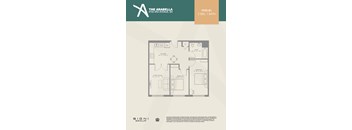 A floor plan for a 2 bedroom, 1 bathroom apartment at The Arabella.