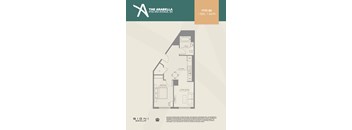 A floor plan for a one bedroom, one bathroom apartment.