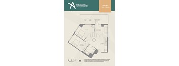 A floor plan for a 2 bedroom, 1 bath apartment at The Arabella.