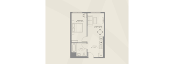 A floor plan of a small apartment with a bedroom, living room, kitchen, and bathroom.