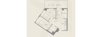 A floor plan of a house with a bedroom, bathroom, kitchen, and living room.