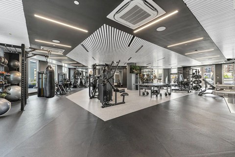 A gym with a variety of equipment including weights and cardio machines.