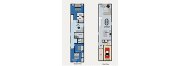 A floor plan of a two-story house with a garage.