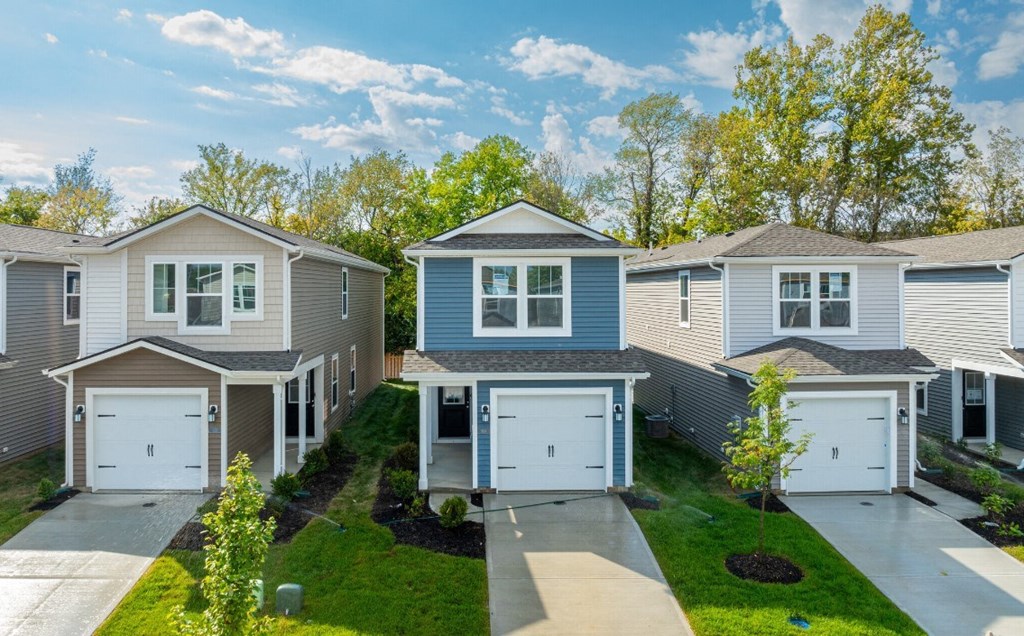 A row of houses with garages and driveways.