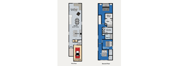 A floor plan of a two-story home with a garage and two bedrooms.
