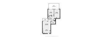 A floor plan of a house with a living room, kitchen, two bedrooms, a bathroom and a patio.