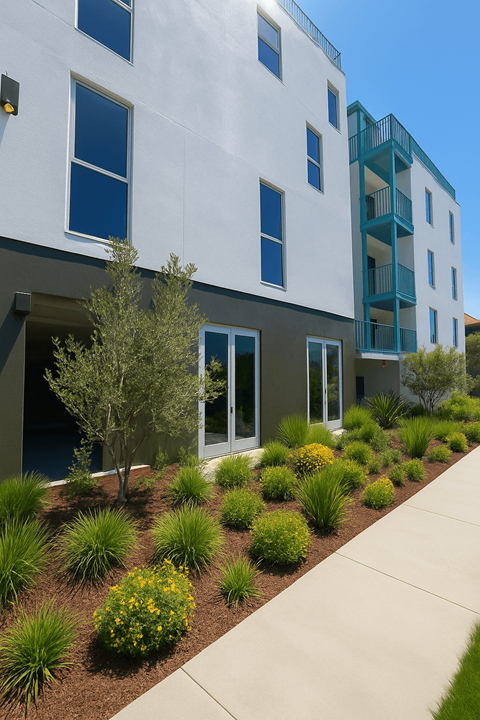 A white building with a blue balcony and a green bush in front.