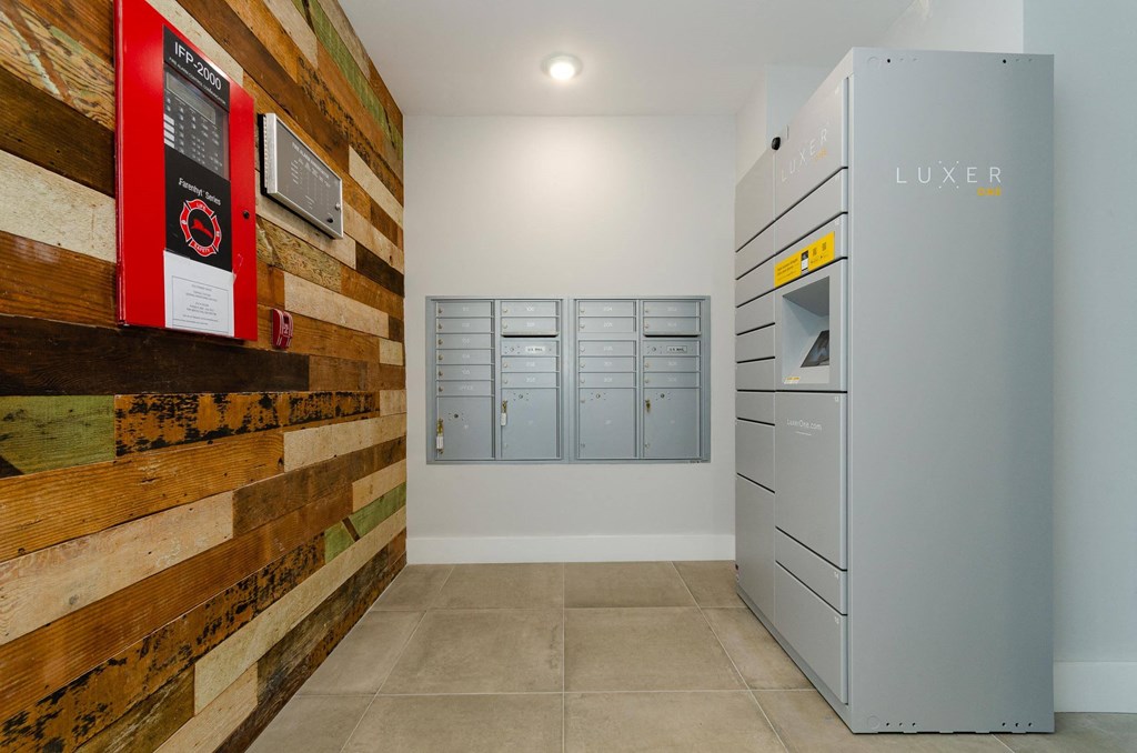 A LUXER branded storage unit sits in a room with a wooden wall.