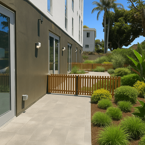 A modern house with a wooden fence and a garden in front.