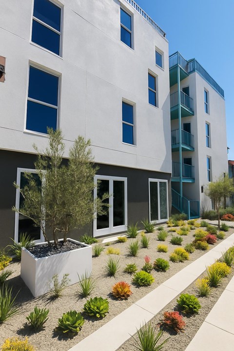 A white building with a blue balcony and a planter in front.