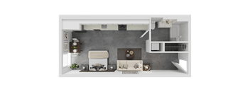A modern living room with a fireplace and a sofa.