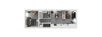 A top-down view of a small apartment with a kitchen, living room, and bathroom.