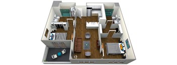 A 3D floor plan of a house with a living room, kitchen, and two bedrooms.