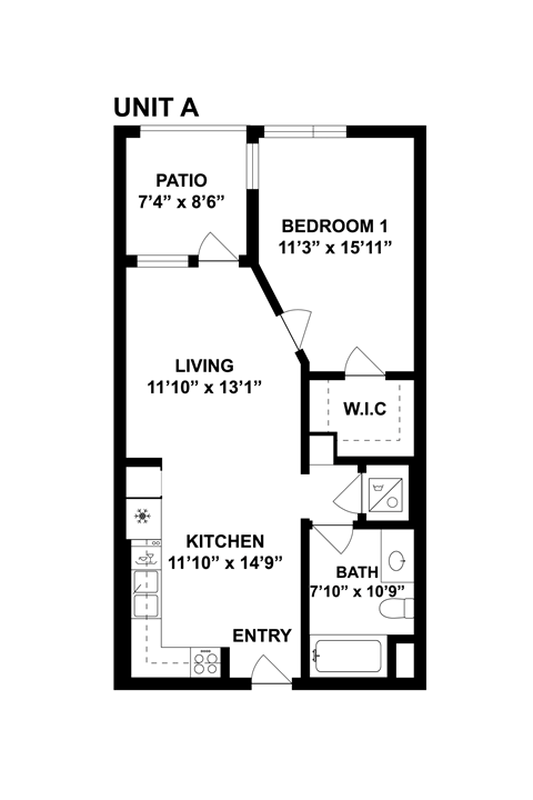 A drawing of a floor plan for Unit A shows a living area, a kitchen, a bathroom, a bedroom, a patio, and an entry way.