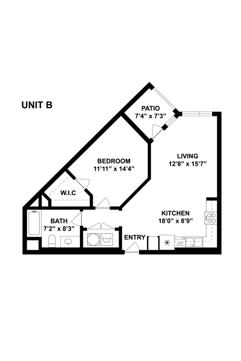A drawing of a floor plan for a unit labeled Unit B.