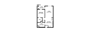A floor plan of a unit with a bedroom, bathroom, kitchen, living room and a patio.