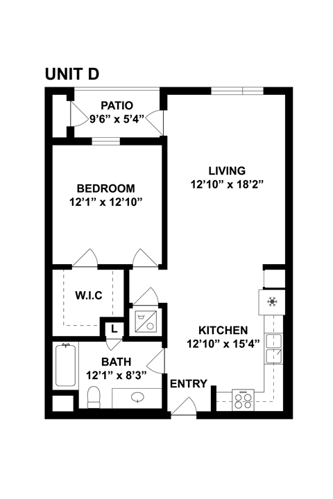 A floor plan of a unit with a bedroom, bathroom, kitchen, living room and a patio.