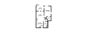A floor plan of Unit J showing a living area, kitchen, bathroom, bedroom and patio.