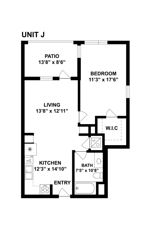 A floor plan of Unit J showing a living area, kitchen, bathroom, bedroom and patio.