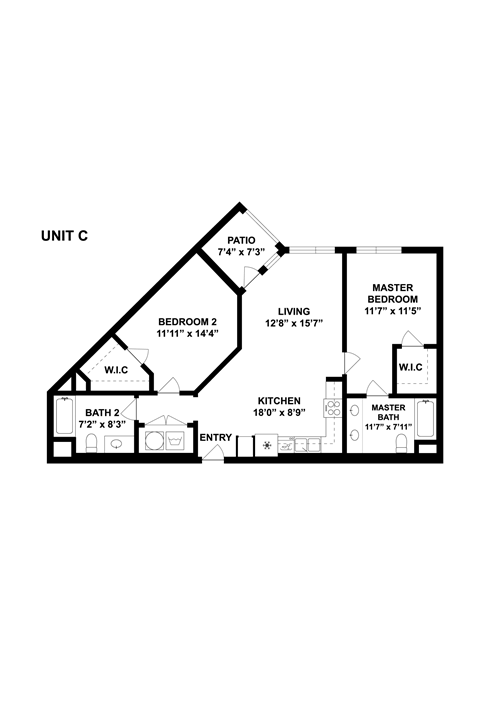 A drawing of a floor plan for Unit C shows a living room, two bedrooms, a kitchen, a bathroom, and a patio.