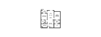 A black and white image of a floor plan for a unit E, showing a living room, two bedrooms, a kitchen, a bathroom, and an entry.