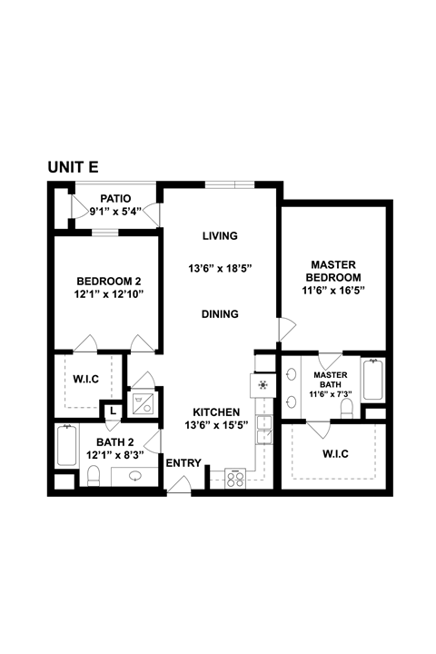 A black and white image of a floor plan for a unit E, showing a living room, two bedrooms, a kitchen, a bathroom, and an entry.