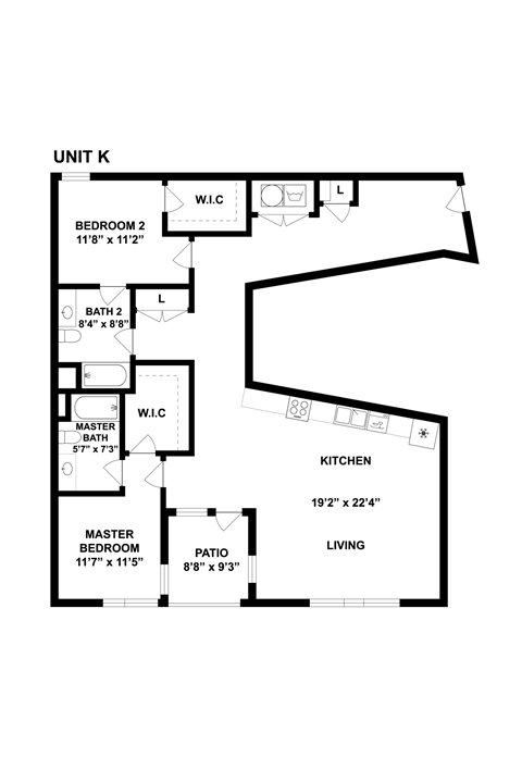 A drawing of a floor plan for Unit K shows a living area, kitchen, two bedrooms, and two bathrooms.