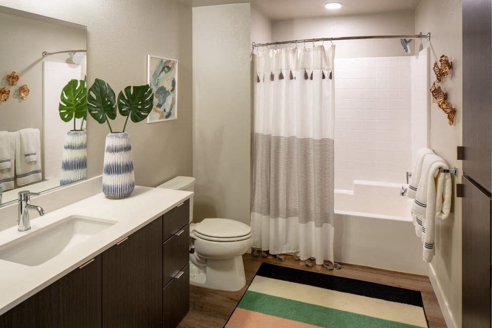 A bathroom with a white sink, toilet, and shower curtain.