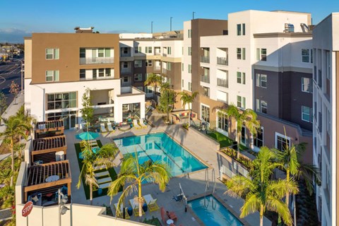 A pool surrounded by palm trees and buildings.
