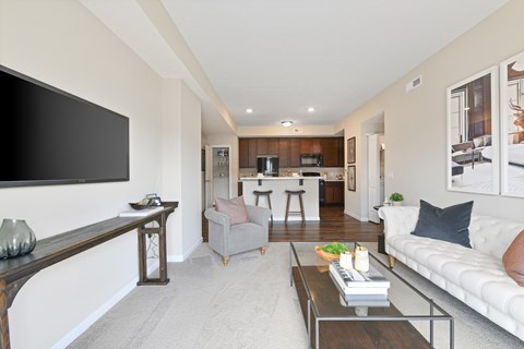 A modern living room with a grey sofa and a coffee table.